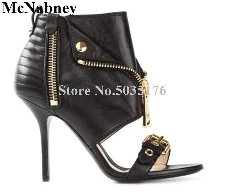 

2019 European Solid Fashion Metal Peep Toe High Stiletto Heel Buckle Ankle Short Boots Zip Cover Heel Spring/Autumn Women Shoes