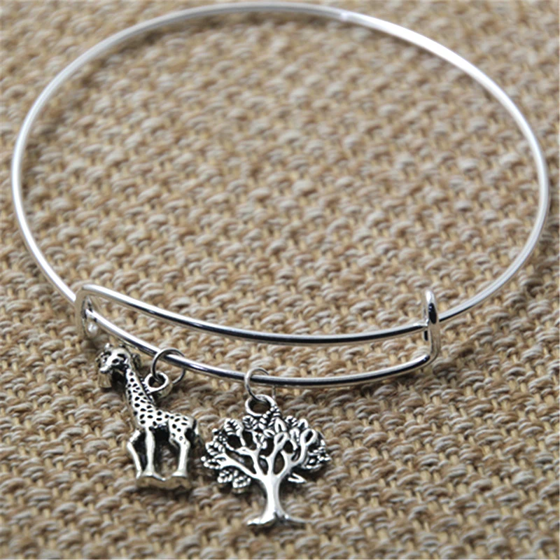 

12pcs Giraffe and tree charms bracelet silver tone bangles