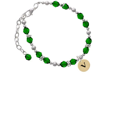 Goldtone Disc 1/2'' Initial - v - Green Beaded Bracelet