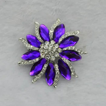 

2 Inch Rhodium Silver Plated Purple Stone Flower Crystal Diamante Pin Brooch