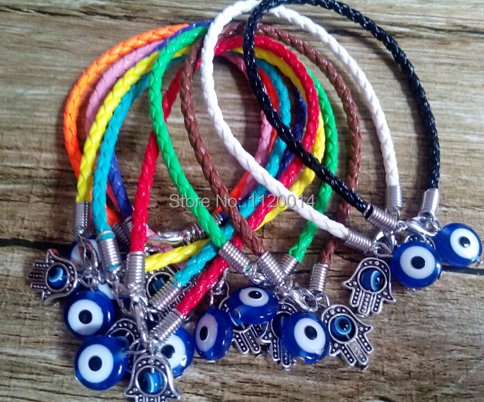 

New Mixed Color Leather Cords Luck Bracelet With Silver Kabbalah Hamsa Hand Of Fatima Turkish Blue Evil Eye Charms 30pcs/lot