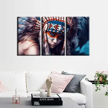 

Canvas Wall Art Paintings Beauty Native Woman Feathered Indians Girl Art Prints for Home Wall Decor