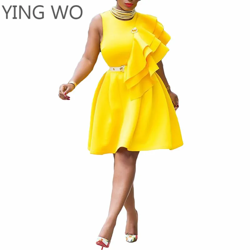 

Yellow Cascading Ruffles Details Fashion Dress Sexy Single Shoulder Knee-length Dress Elegant Casual Party Wear A-line Dress XXL
