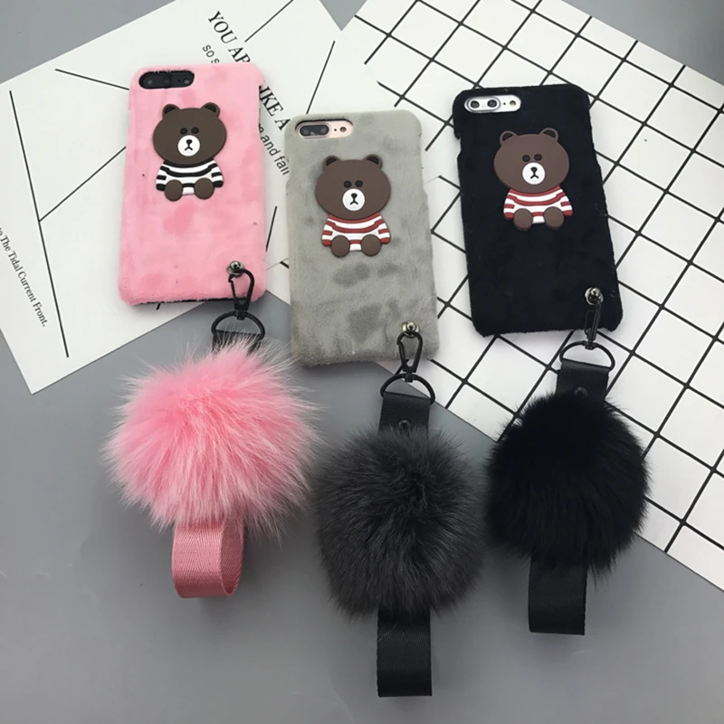 Aoweziic Winter Plush shell 7/8plus mobile phone striped bear protective sleeve 6S fur ball wrist strap For iPhone X XS MAX XR