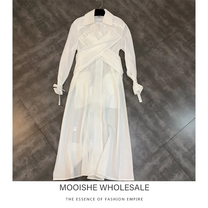 

2019 Spring Summer New Lapel Long Sleeve Cross Waist Small Woman Long Dress Female
