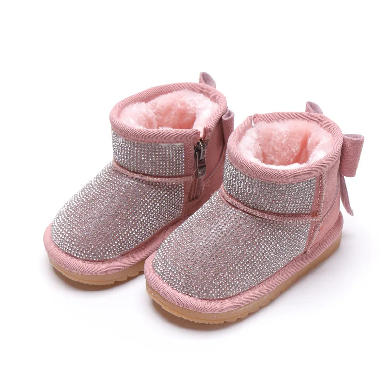 

Crystal Girls Boots 2018 New Bling Warm Children's Winter Shoes Fashion Ankle Heel Bow Knot Kids Snow Boot 1 4 6 years