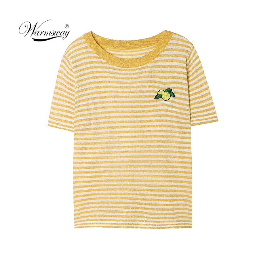 

Shiny Lurex Knitted T Shirts Women Summer Sexy O-Neck Short Sleeve T shirt Woman Striped Thin Translucent Tees Harajuku B-056