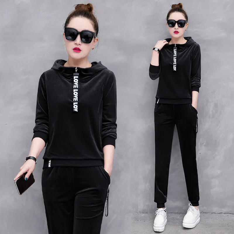

Fashion Spring Fall 2 Piece Sets Women Sporting Suit Casual Loose Female Streetwear Tracksuit Gold Velvet Pants Sets Plus Size