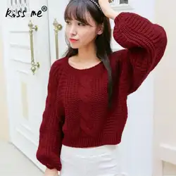Kiss Me зима Для женщин свитера и пуловеры корейский стиль с длинным рукавом Повседневное укороченный свитер тонкий сплошной трикотажных