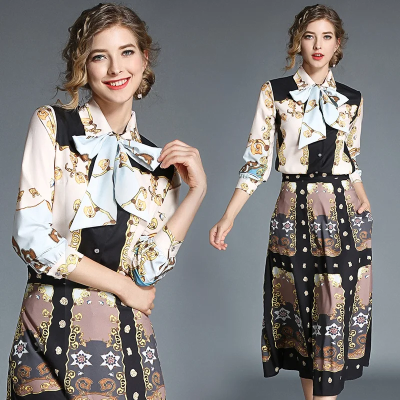 

HIGH QUALITY Newest 2018 Designer Runway Suit Women's Full Sleeve Retro Printed Bow Shirt And Long Midi Skirt Set