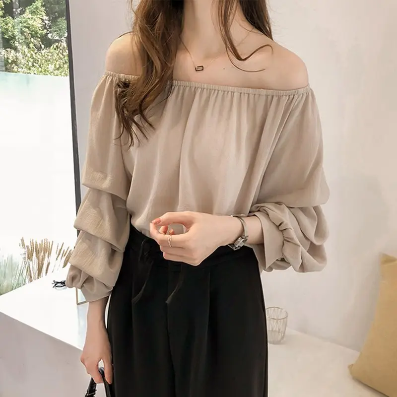 

Autumn Chiffon Blouse Women Puff Sleeve Sweet Korean Tops Young Loose Pleated Office Shirt Spring Blue Elegant Female Blouses