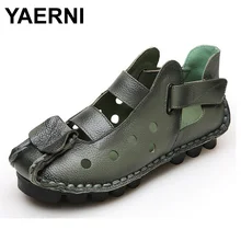 YAERNI/Новые Летние кожаные туфли на плоской подошве с мягкой подошвой; повседневные женские сандалии в винтажном стиле; босоножки ручной работы; сезон весна