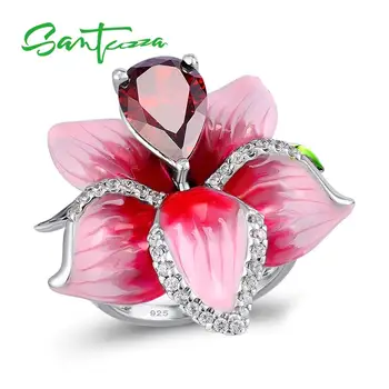 

SANTUZZA Silver Flower Ring For Women 925 Sterling Silver Fashion Rings for Women Cubic Zirconia Ringen Party Jewelry Enamel