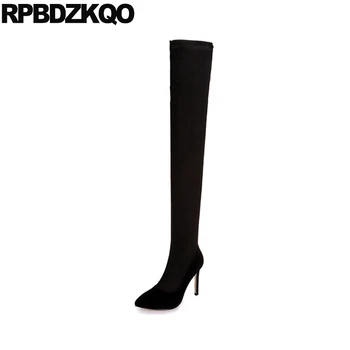 

high heel suede slim thigh women boots black sexy long over the knee stretch stiletto luxury shoes pointed toe sheepskin slip on