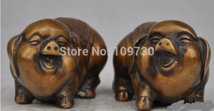 

001917 China Bronze Copper Animal Zodiac JiXiang Wealth Happy Pig Statue Pair