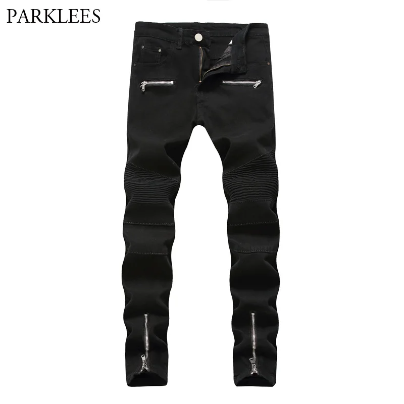 

Men Hi-street Pleated Jeans Men 2018 Brand New Black Skinny Straight Jeans Pants Boyfriend Motorcycle Biker Zipper Denim Jeans
