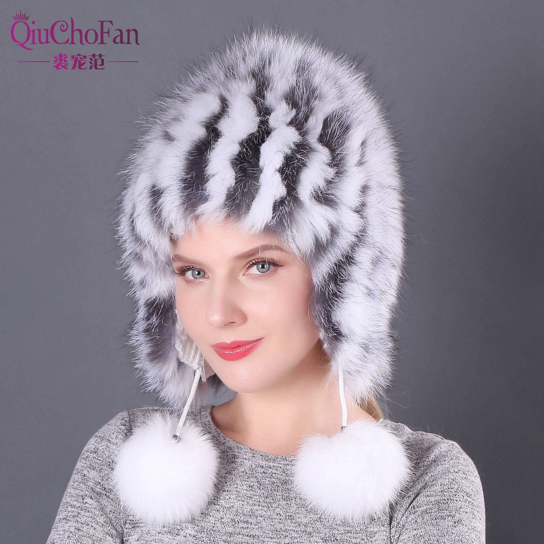 

2019 Hot Sale 100% Natural Silver Fox Fur Women Winter Hat Knitted Cap Women Hat Fox Fur Bomber Hat Female Ear Warm Winter