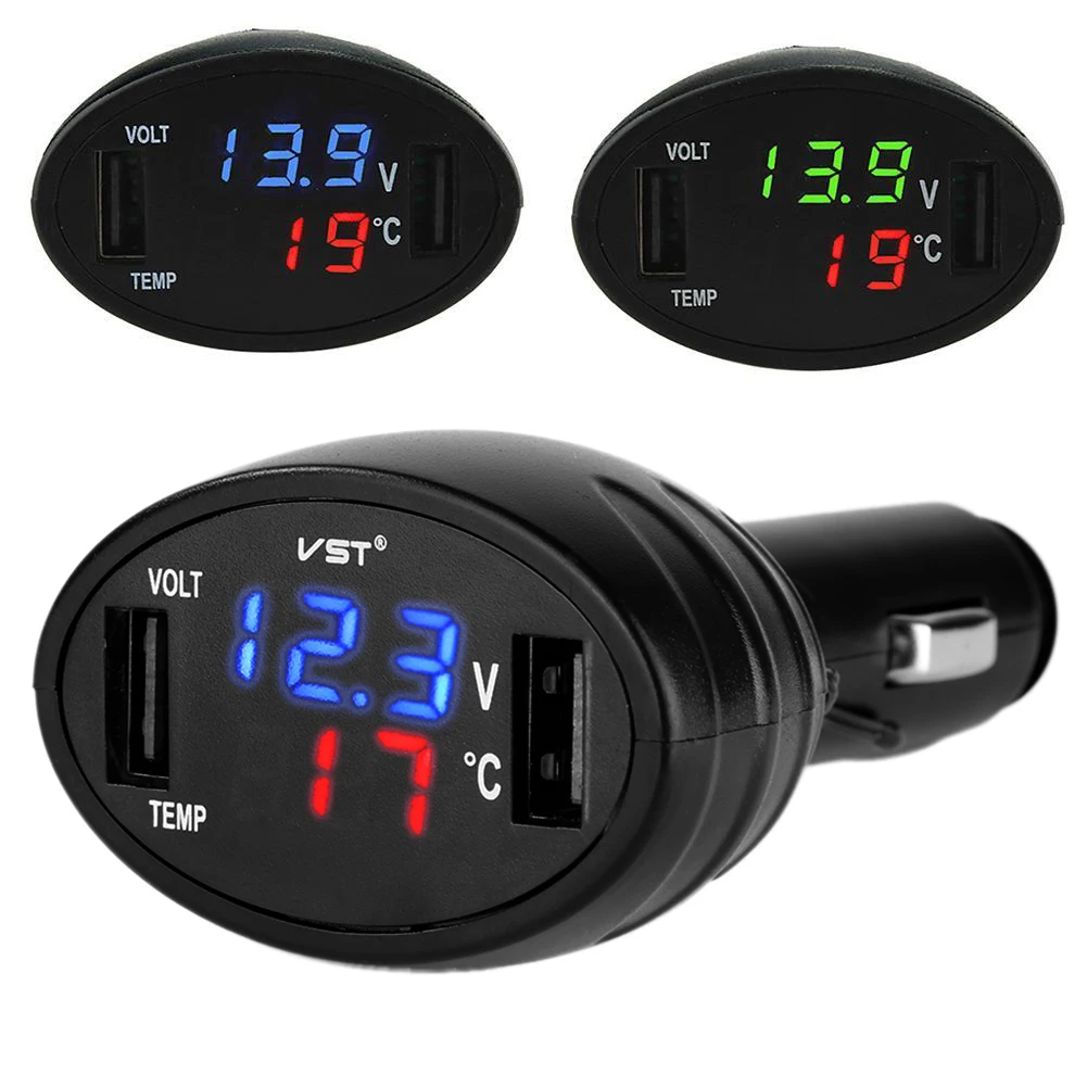 

12V/24V Dual USB 3in1 LED Car Voltmeter Temperature Digital Indicator Battery Monitor Charger