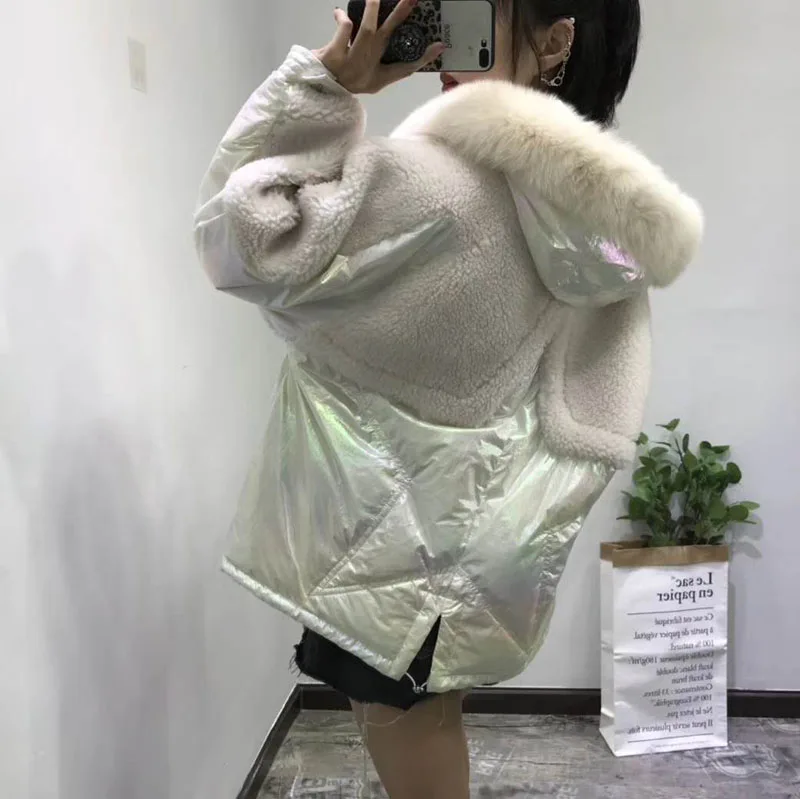 White duck down jacket sheep fur winter coat women new fashion wool blends hooded with natural geniune fox fur parka