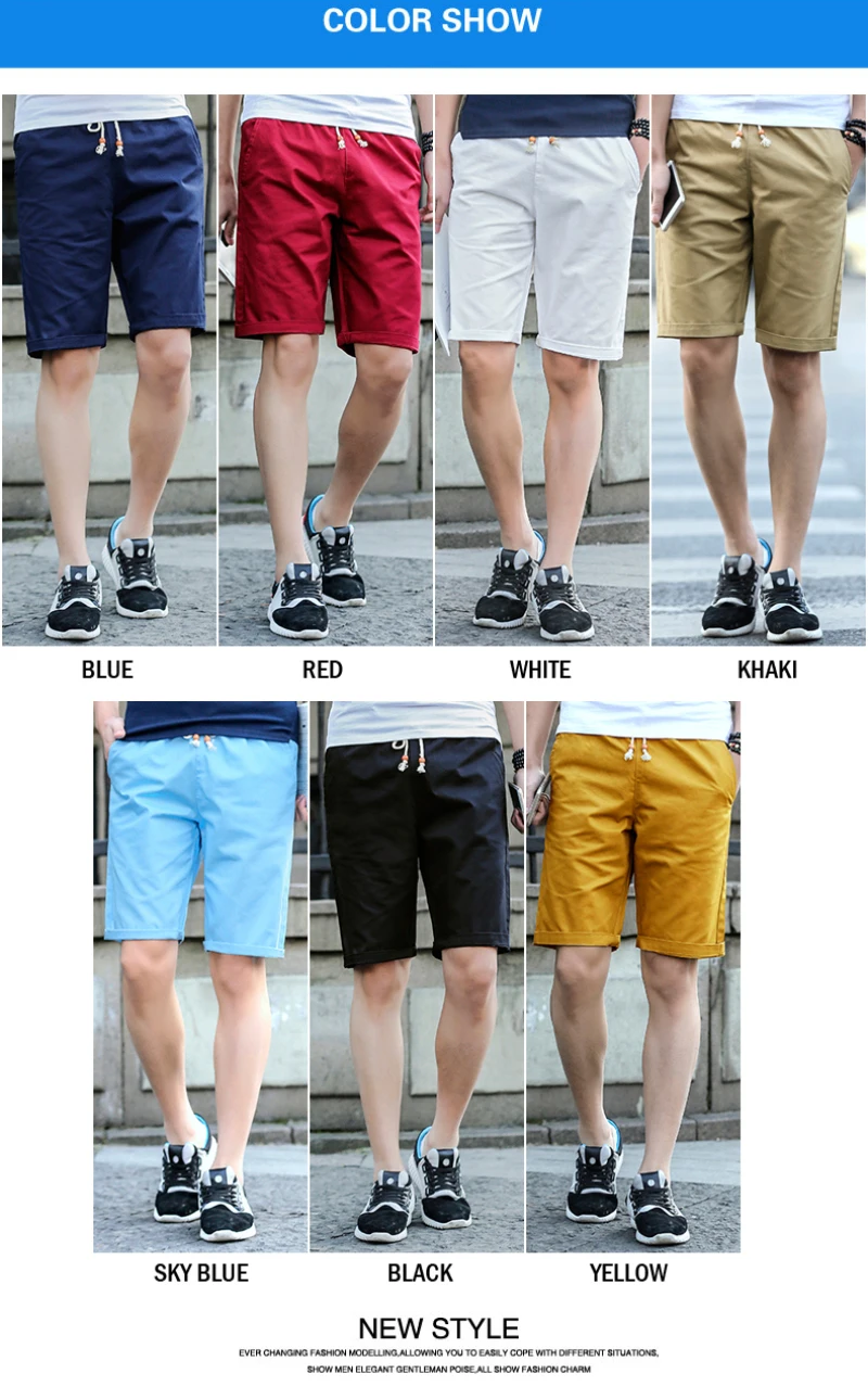 Men's Shorts Summer Calf-length Boardshorts Casual Bermuda Trousers Cotton 100 Male Beach Shorts Elastic Waist Bottoms 1029