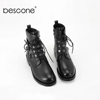 

BESCONE Women Ankle Boots Fashion Cow Leather Handmade Round Toe Square Heel Punk Shoes Casual Lace-up Med Heel Ladies Boots BL8