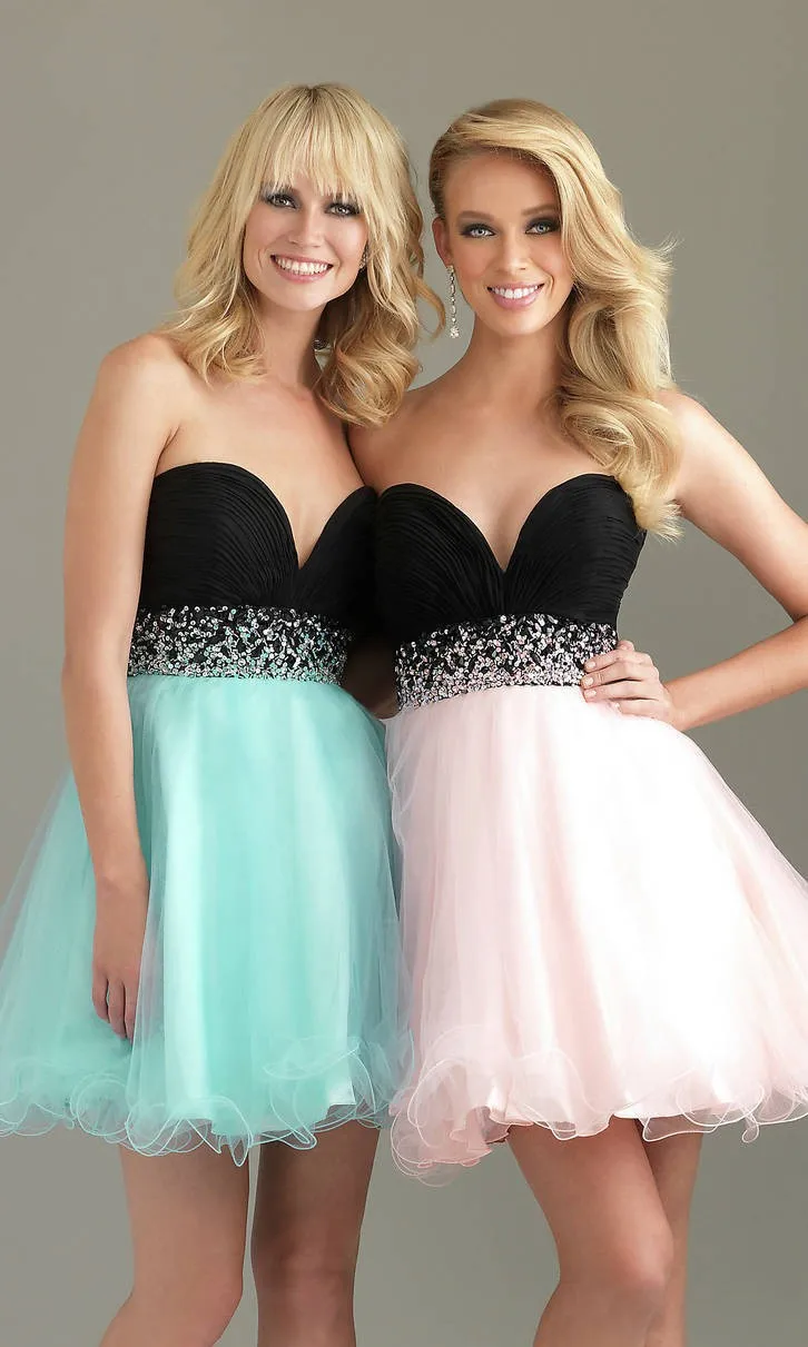 The Newest Charming Black Tiny Uniform Ruched Sweetheart Neckline Beaded Sash Pink Tulle Prom Dresses Mini Empire Waistline | Свадьбы и