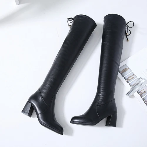 

Odinokov 2018 New Flock Leather Women Over The Knee Boots Lace Up Sexy High Heels Autumn Woman Shoes Winter Women Boots