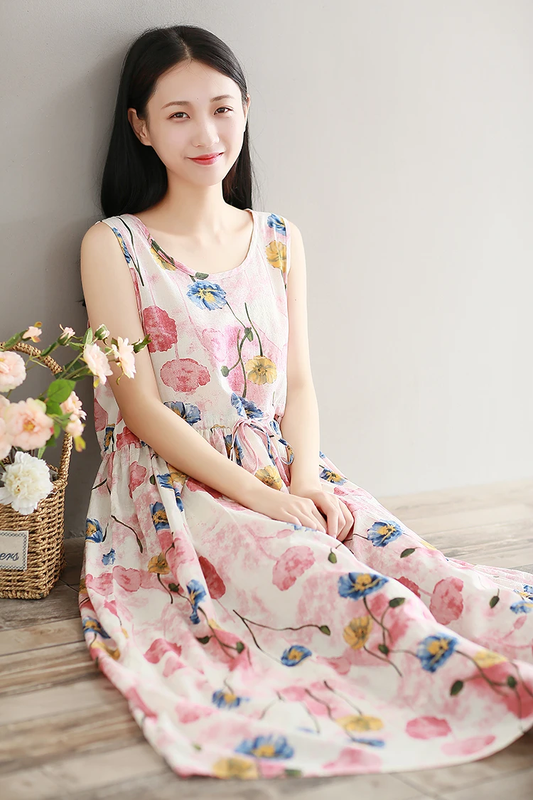Mori Girl, летний женский длинный сарафан, литературный цветочный принт, винтажное платье без рукавов, элегантное хлопковое льняное богемное корейское платье