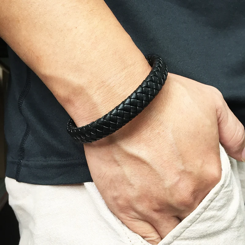 Панк мужской кожаный браслет черный/коричневый браслеты ювелирные изделия нержавеющая сталь Магнитная застежка модный мужской браслет подарок BB740