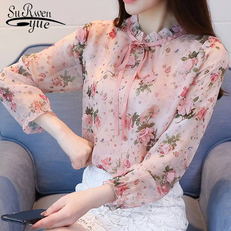 Милая шифоновая блуза с вышивкой в цветочек, рубашка, модные женские блузки, длинный рукав, однотонный Розовый Белый Топ, женская блуза 0967 40