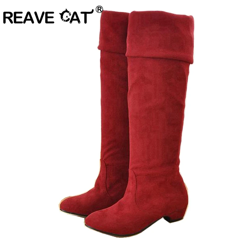 REAVE CAT/Новые сапоги осень-зима, женские сапоги Острый носок, квадратный каблук, однотонный цвет, черный, красный, коричневый, синий, модные сапоги до колен QL418