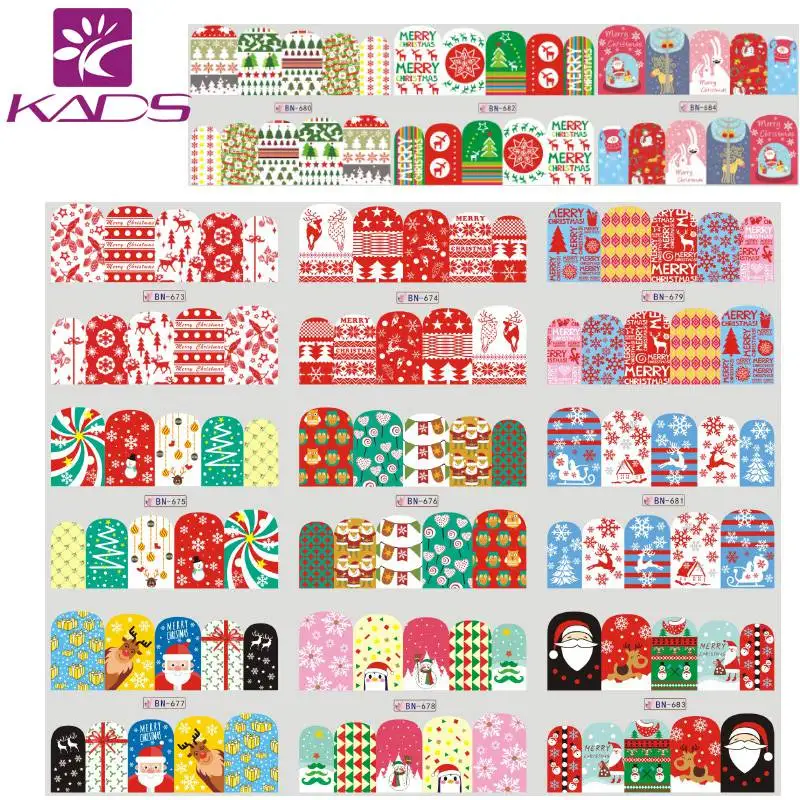 

KADS 12 sheets/set Christmas Design Santa Claus Elk Snow Nail Sticker Manicure Water Wraps Nail Stickers for nails sliders art