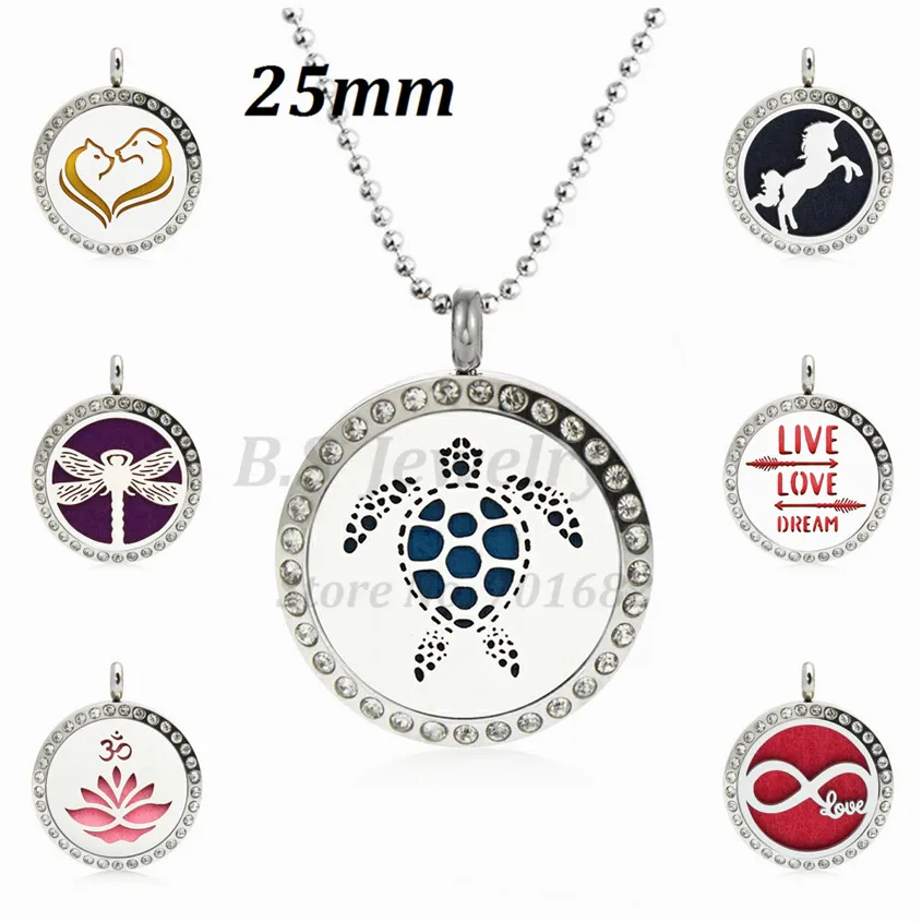 

New Turtle 25mm 316L stainless steel Magnetic rhinestone Essential Oil Diffuser Locket Aroma Perfume Locket Pendant Necklace