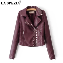 LA SPEZIA Brand Motorcycle Jacket Women Burgundy Leather Jackets Ladies Zipper Pockets Rivets Short Biker Classic Autumn Coats