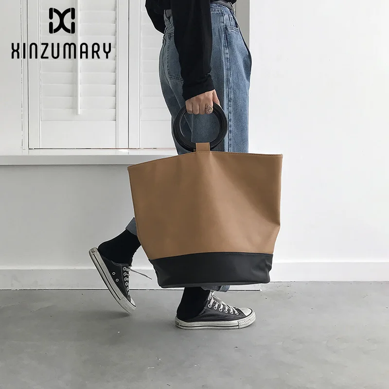 

Bag for women 2019 New Acrylic Hand Ring Hit color Bag Female Handbags Casual Simple PU Leather Female Large Capacity Tote Bags