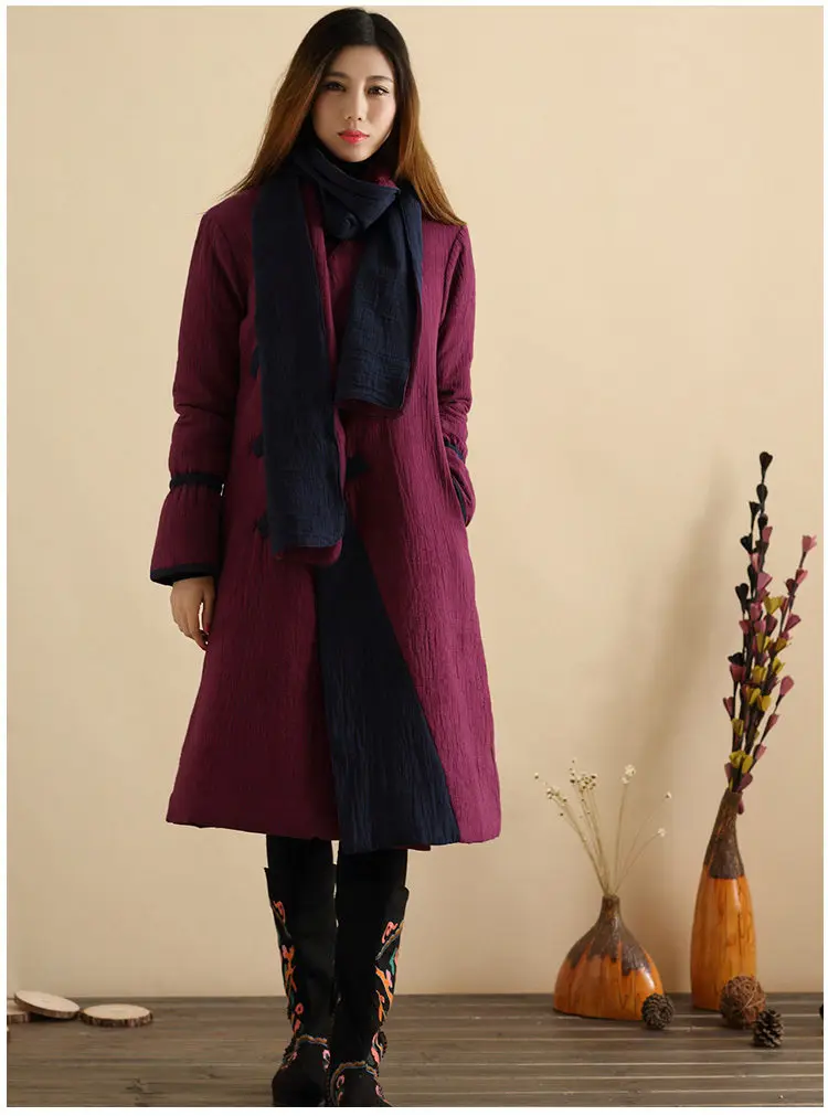 Поздняя осень Женское пальто ватная длинная куртка китайский стиль длинное пальто зимняя куртка Abrigos Mujer casacos de inverno Feminino - Цвет: purple with scarf