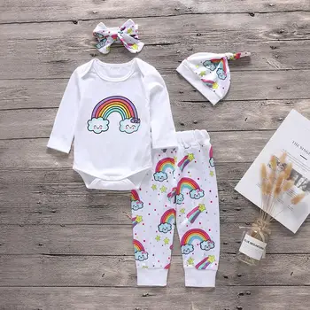 

2019 New 4Pcs/set Autumn Winter Rainbow Baby Romper Newborn Toddler Print Jumpsuit Long Sleeve Shirt Pants Hat Headband Outfit