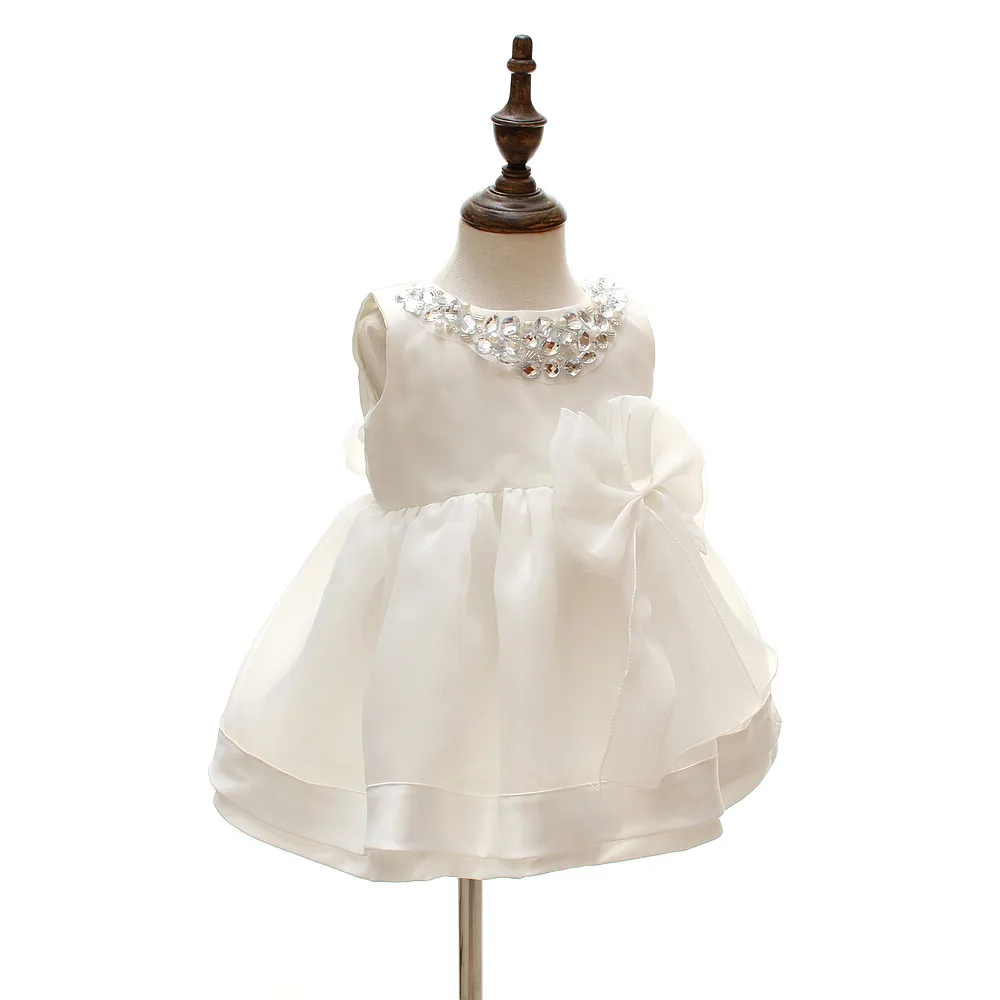 Новейшее платье для маленьких девочек белое платье со стразами и горловиной для девочек 1 год, день рождения, Крещение, высококачественное вечернее платье