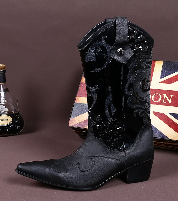 Мужская зимняя обувь; ковбойские сапоги мужские из натуральной кожи с острым носком; обувь в стиле панк; высокие армейские сапоги до бедра; обувь «Челси» с вышивкой