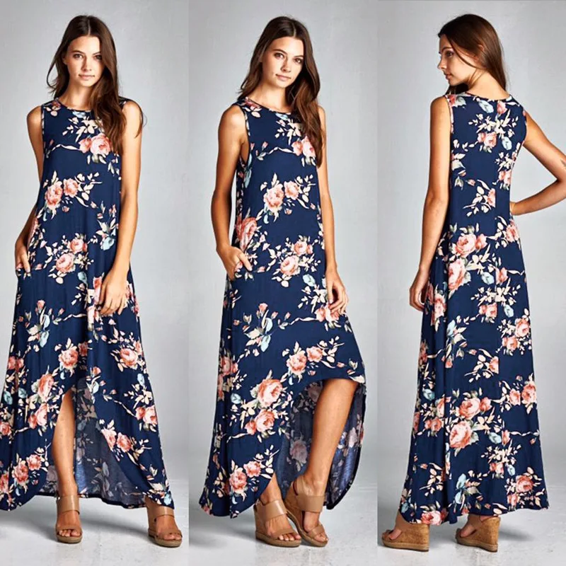 TEMOFON Print Women Summer Dresses Boho Floor Length Maxi Spring Casual