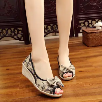 

Women Sandals Breathable Canvas Wedges Summer Shoes Woman National High Heels Open Toe Bowknot Ladies Ethnic Sandalias SH061301
