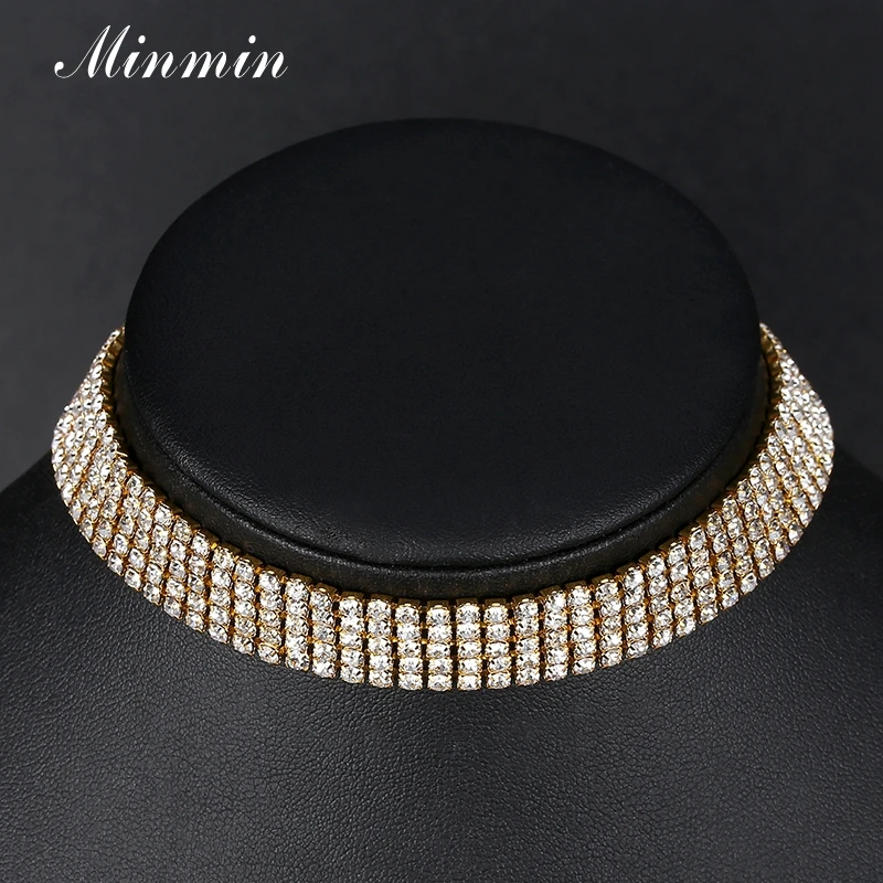 

Minmin Classic Round Gold-color Rhinestone Crystal Choker Necklace For Women Prom Wedding Decorations Jewelry XL061