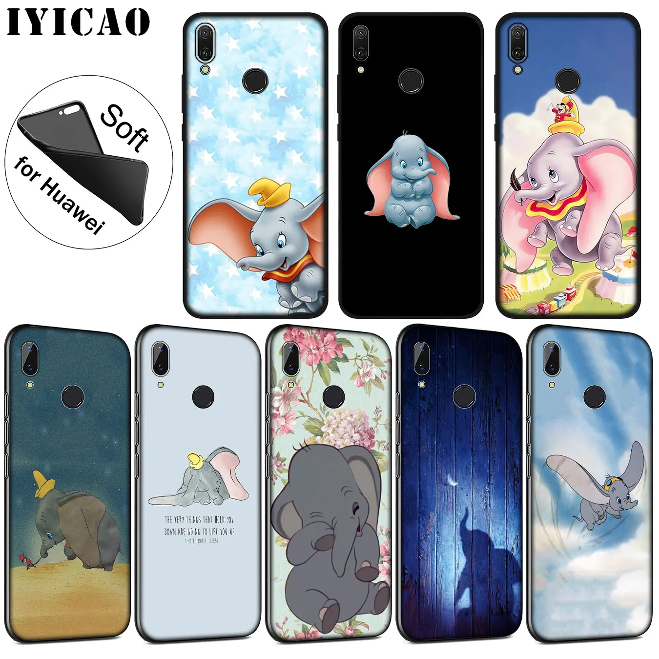 

IYICAO Dumbo Cute elephant Soft Silicone Phone Case for Huawei P30 P20 Pro P10 P9 P8 Lite Mini 2017 2016 P smart Z 2019 Cover