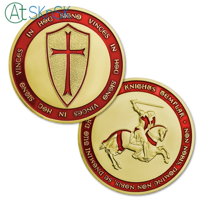 

1pcs/lot High quality metal crafts Europe royal red knight templar with shield mason gold clad colorful gold coins collectibles