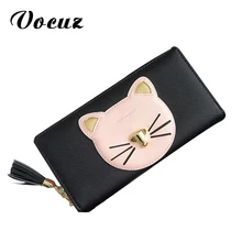 2017 new women wallet cute little cat women wallet then fight cross pattern PU long tassel