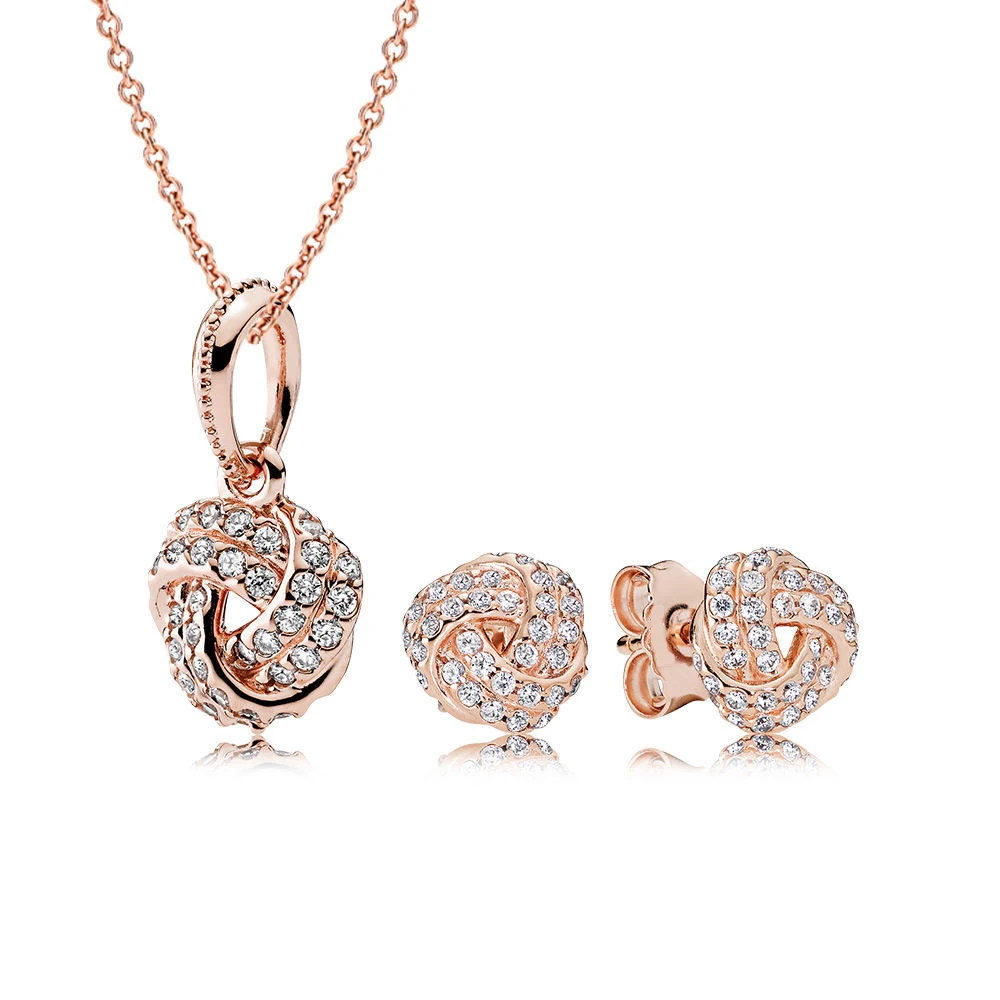 

100% 925 Sterling Silver Sparkling Love Knot Rose Jewelry Set Gift Set Charms Necklace Fit DIY Original Jewelry