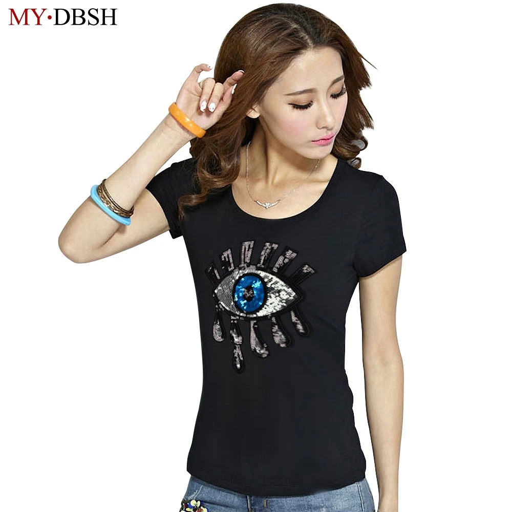 

2019 Summer Style Fashion Big Eyes Sequin T Shirt Women Cotton Casual Tears Short Sleeve T-Shirt Women Tops Tees Free Shipping