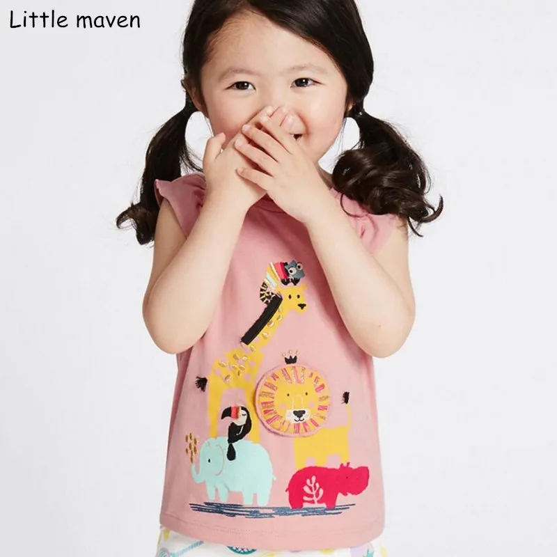 Little maven/детей летняя детская одежда для девочек с коротким рукавом Футболка животных печати хлопок брендовые Топы 50959