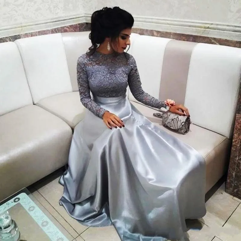

Arabian Formal Dresses Full Sleeves Floor Length Fashion Gray Evening Gowns Lace Gorgeous robe de soiree vestido de festa