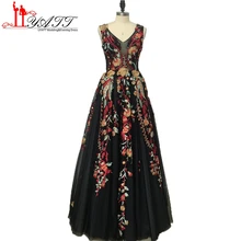 2017 Fashion Black Evening Dresses Long V-neck Elegant Embroidery Lace Cheap Arabic Formal Prom Dress Party Women Gown MN175
